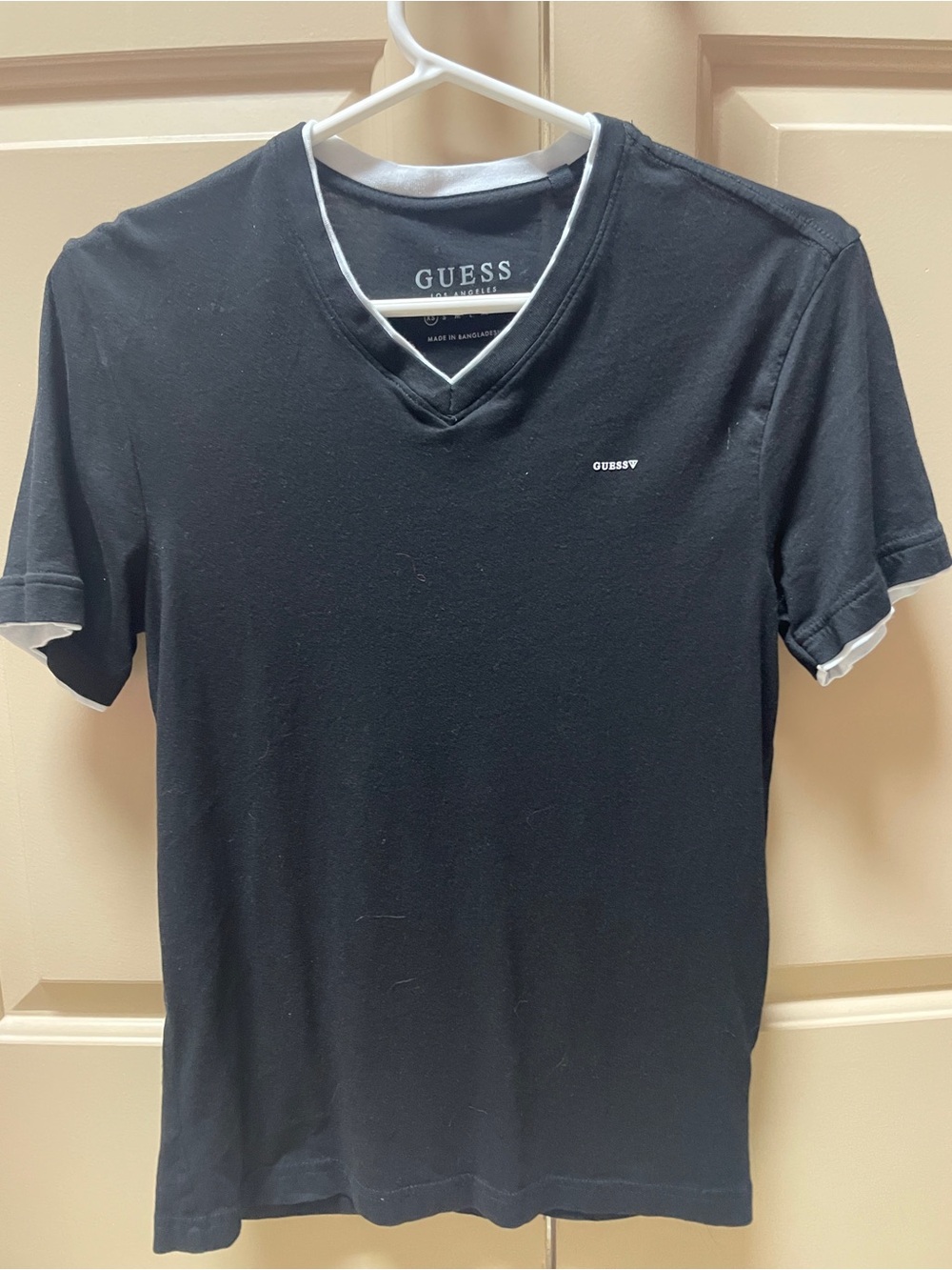 GUESS Black V-Neck Short Sleeve Tee with White Trim